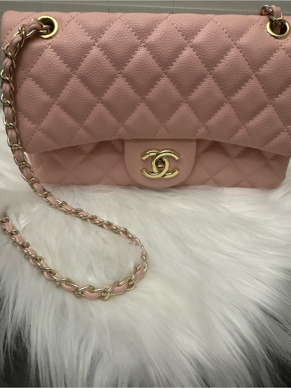 Pink Quilted Shoulder Bag with Gold Chain and Logo